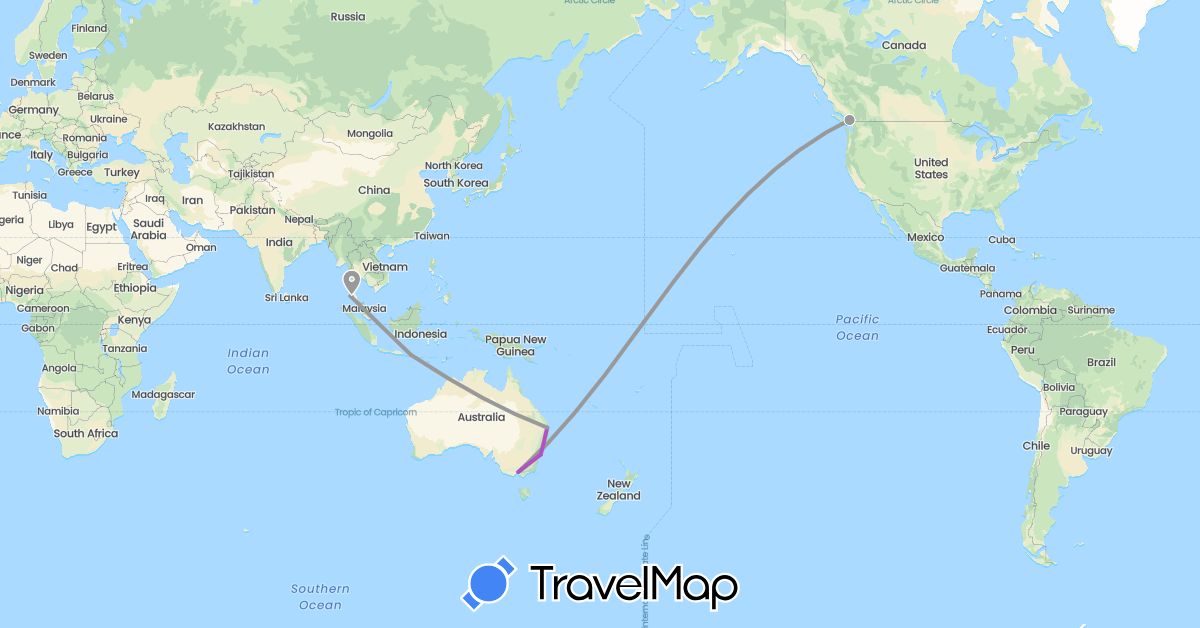 TravelMap itinerary: driving, plane, train in Australia, Canada, Indonesia, Thailand (Asia, North America, Oceania)